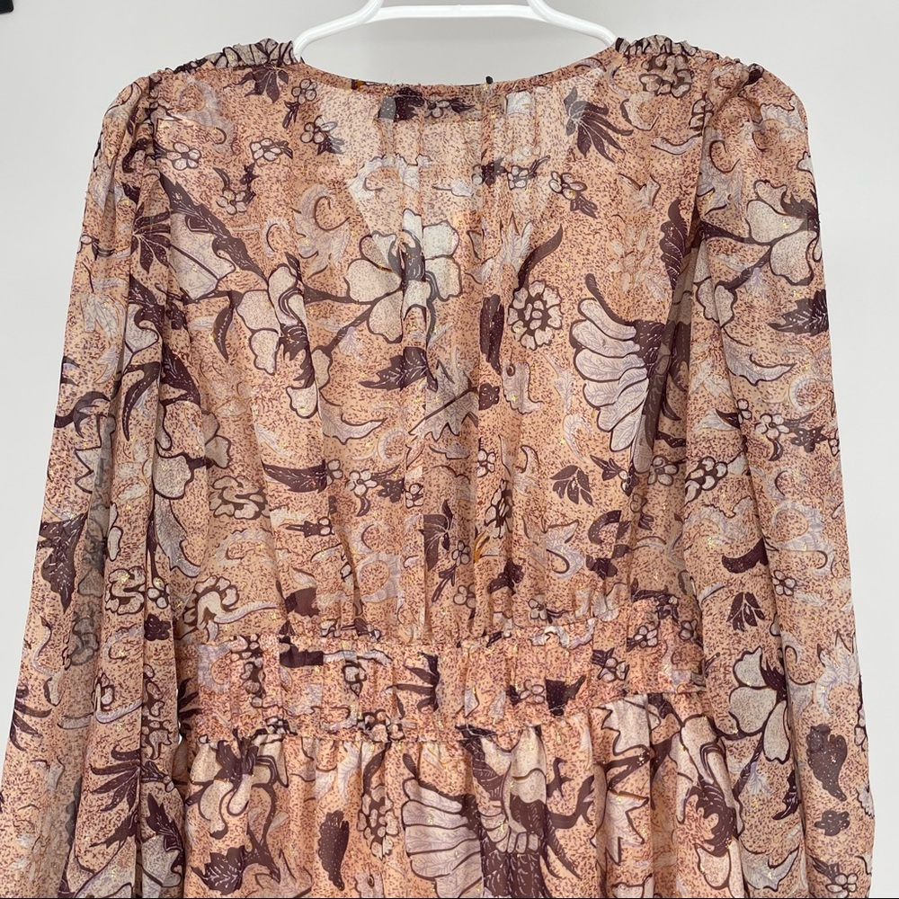 O.P.T NWT FLORAL DEGAGE PEACH ROSE GOLD METALLIC BOHO PEASANT DRESS SMALL ANTHRO - Picture 5 of 11